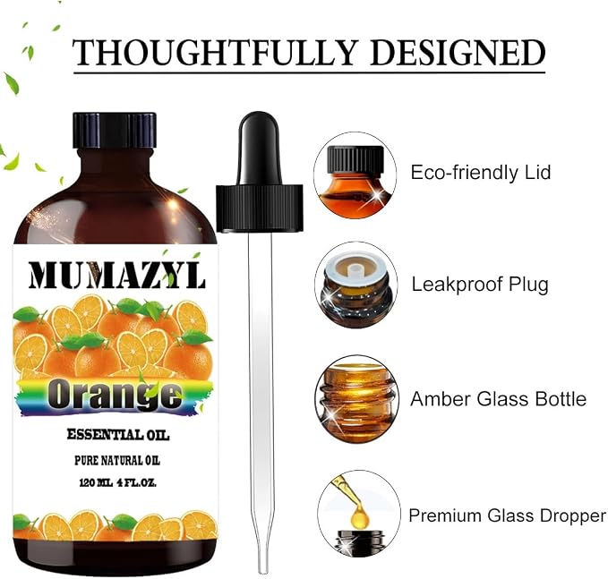 Sweet Orange Essential Oil, Sweet Orange Oil 4 Fl Oz 120ML for Diffuser Humidifier Yoga Cleaning DIY Candle Soap Making MUMAZYL Essential Oils