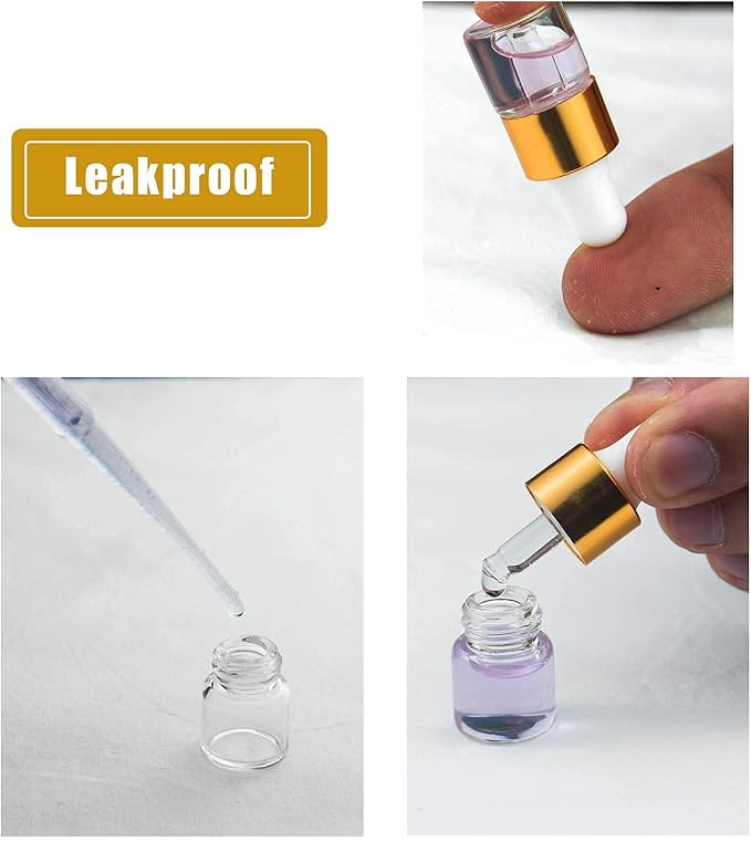 Sample Dropper Bottles, Mini Dropper Bottles with 2 Pcs Plastic Droppers for Traveling Essential Oils DIY Cosmetic Liquid Sample Perfume (Gold, 1ML)