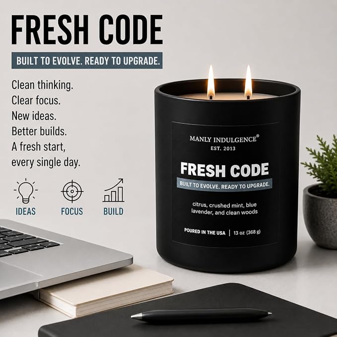 Manly Indulgence Fresh Code Scented Candle, 2 Wick, 13 oz, Premium Soy Blend Wax, Candles for Home Scented - Made in The USA