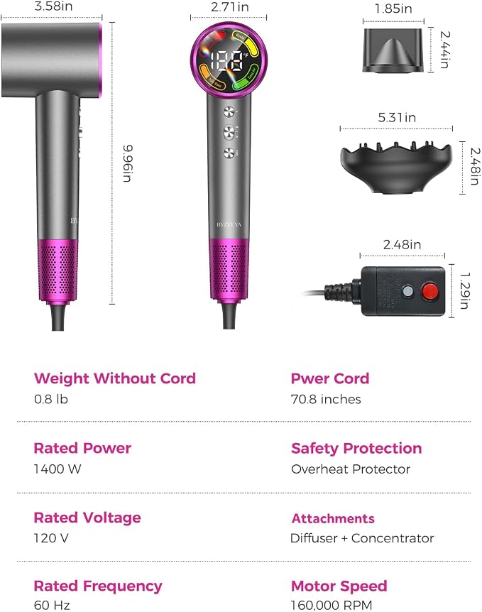 Hair Dryer, 160,000 RPM High-Speed Ionic Blow Dryer with Diffuser, Professional Hairdryer for Ultra-Fast Drying, 500 Million Negative Ions, Low Noise Compact Hair Blow Dryer for Home Travel, Gray
