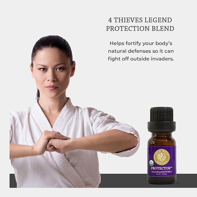 Silk Road Organic Protector - Thieves Essential Oil Purifying Immunity Blend, 100% Pure USDA Certified Clove Bud, Lemon, Cinnamon Bark, Rosemary, Eucalyptus - 10 ml Dropper