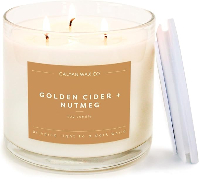 Calyan Wax Co. Golden Cider & Nutmeg 3 Wick Scented Candle - 43 Hour Burn - Luxury 3 Wick Soy Candles - Clean Soy Wax Candles - Long Lasting Large Glass Jar Candle for Home - 14.9oz
