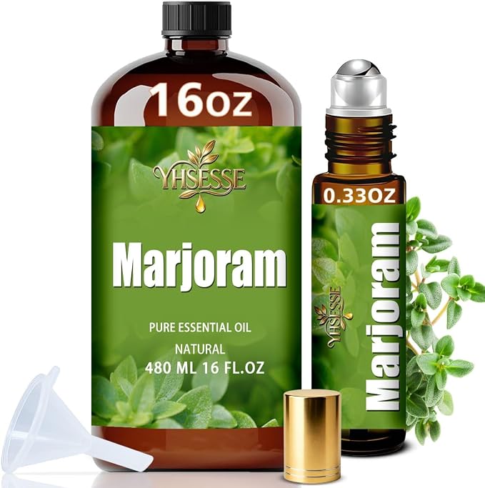 Marjoram Essential Oil, Marjoram Oil 16 Fl Oz 480ml for Diffuser Yoga Soap & Candle Making – with 0.33 Oz Roller Ball & Funnel YHSESSE Essential Oils