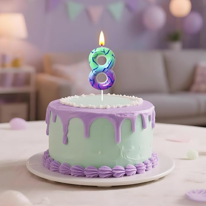 Number 8 Birthday Candle for Cake – Purple Green Gradient Number Candle with Mystic Rune Pattern, Decorative Cake Topper for Anniversary & Celebration