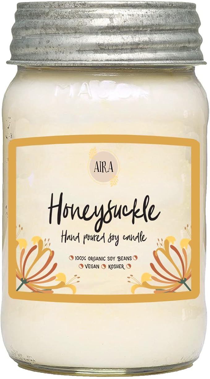 Aira Soy Candles - Organic, Kosher, Vegan Soy Candles w/Therapeutic Grade Essential Oil - Hand-poured w/Pure Soy Candle Wax - Paraffin Free, Burns 110+ Hours - Spring Candle Honeysuckle - 16 Ounces