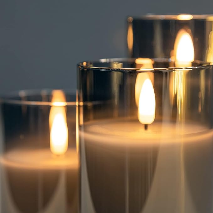 ANGELLOONG Grey Fake Candles Battery Operated, Flickering Flameless Candles with Timer and Remote, Glass LED Electric Pillar Candles Set of 3 for Home Coffee Table Bathroom Decor