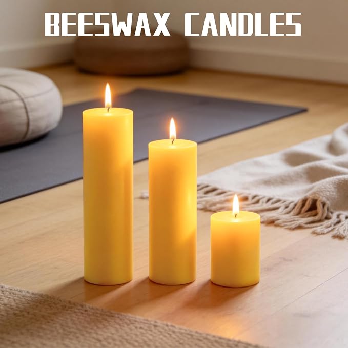 6 Pack Pure Beeswax Pillar Candles, 2x3/6/8 Inch, Natural Mild Honey Scent, Long Burning, Smokeless & Dripless for Home Decor & Prayer