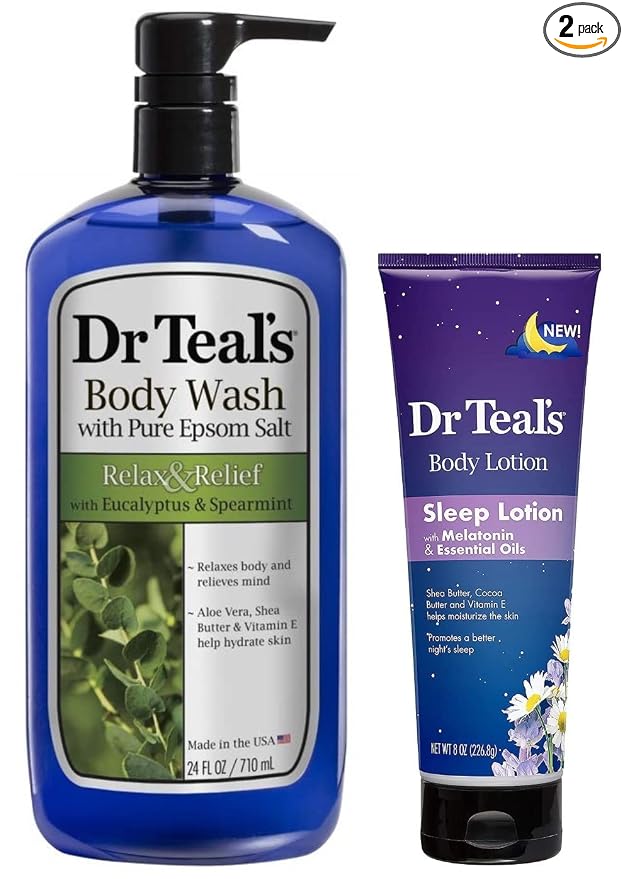 Dr Teal's Body Wash and Lotion Combo Pack, Eucalyptus & Spearmint Foaming Body Wash (24 fl oz) and Night Time Therapy Melatonin Body Lotion (8 oz). Treat your skin, your senses, and your stress.