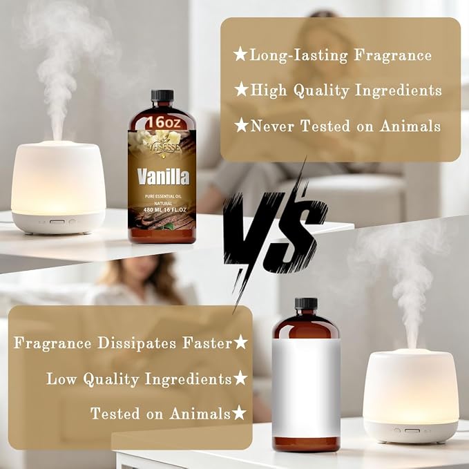 Vanilla Essential Oil, Vanilla Oil 16 Fl Oz 480ml for Diffuser Yoga Soap & Candle Making – with 0.33 Oz Roller Ball & Funnel YHSESSE Essential Oils