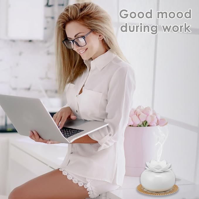 6.8 oz Water Lily Top Aromatherapy Diffusers, Decorative Essential Oil Diffusers, USB Ceramic Diffuser Humidifier, Cute Lotus Decorative Auto Shut Off, for Home Bedroom Office(White,1PCS)