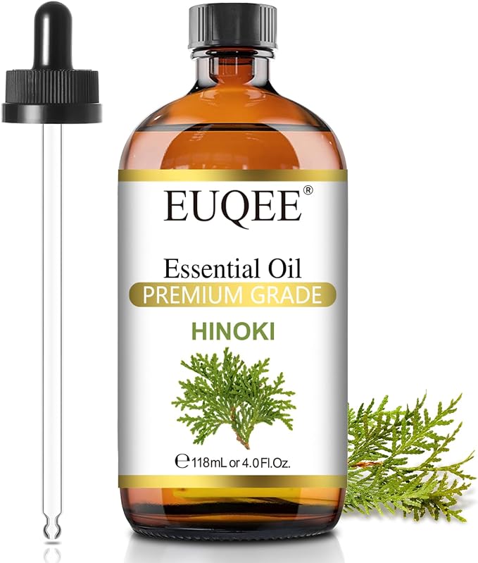 EUQEE Hinoki Essential Oil 118ml/4Fl Oz, Japanese Hinoki Oil Premium Natural Wood Scent Aromatherapy Oil with Glass Dropper for Meditation, Skincare, Diffuser, DIY Soap, Home Spa