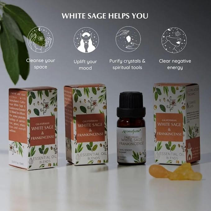White Sage & Frankincense Essential Oil Diffuser Blend by Aromafume | 3x10ml/0.33 fl oz | Aromatherapy oil for cleansing negative energy, protection | Ethically sourced sage oil for smokeless smudging