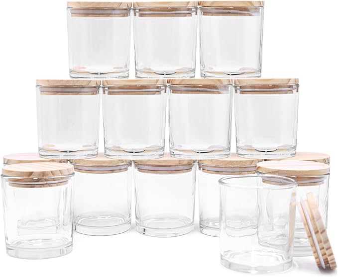 SHOWIN 8 OZ Thick Candle Jars for Making Candles 15 Pcs, Clear Empty Jars with Wood Lids for Candle Making, Sample Container