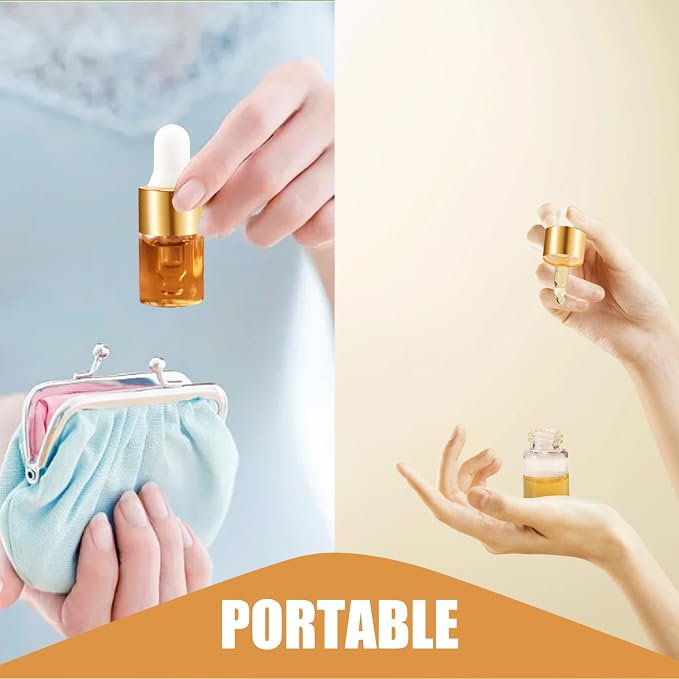 100 Pcs Sample Dropper Bottles,1ml Clear Glass Dropper Bottles,Clear Essential Small Empty Bottle for Cosmetic Liquid Perfume,Empty Travel Sample Vials with Gold Cap(1 ml,Gold)