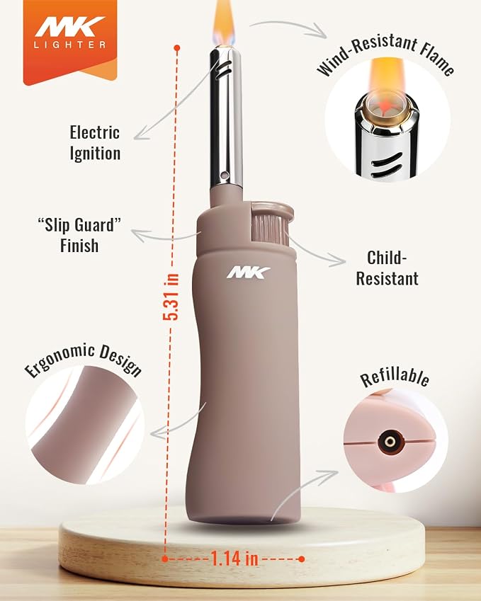 MK Candle Lighter, Butane Refillable Wind-Resistant Flame, 4-Pack for BBQ, Camping, Outdoor Use (Neutral-4PC)