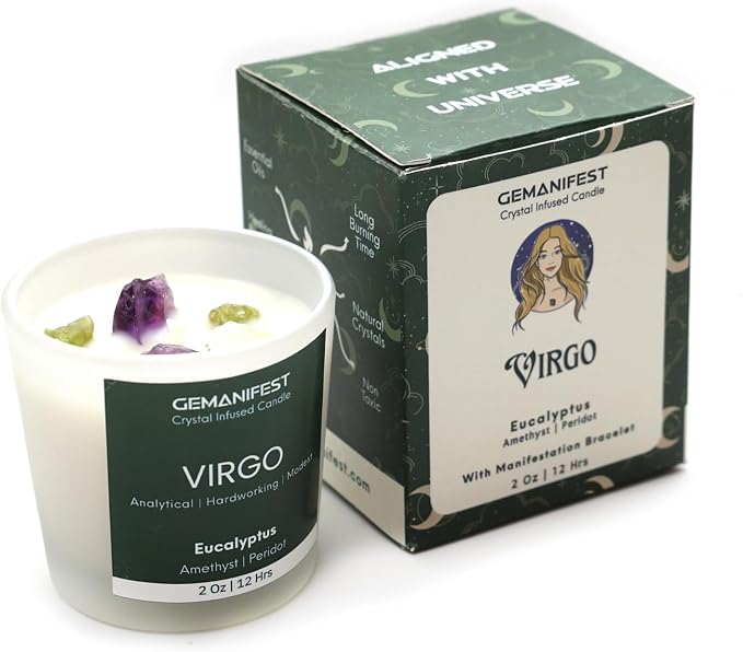 Virgo Crystal Candle with Zodiac Bracelet Virgo Gifts for Men Women Eucalyptus Soy Candles for Home Scented Birthday Astrology Gifts for Candle Lovers Spiritual People