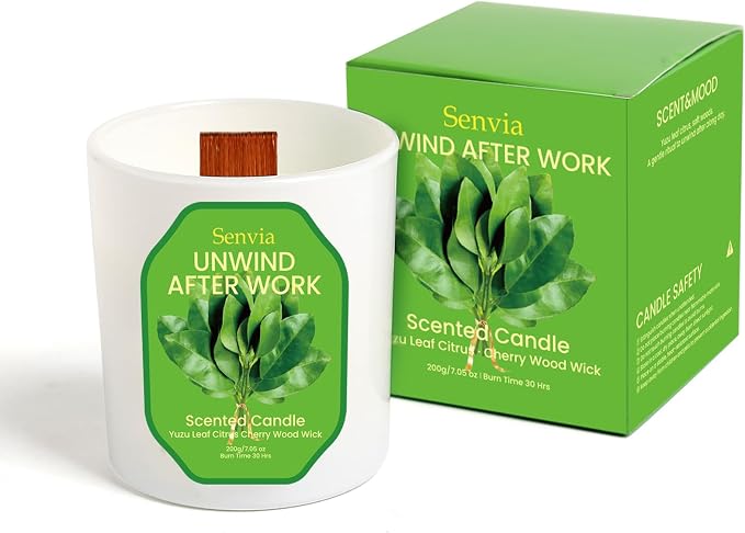 Crackling Wood Wick Candle - Soy Wax, Yuzu Citrus Scented, Non Toxic, Clean Burn for Home Office, Long Lasting for Small to Medium Rooms, Stress Relief