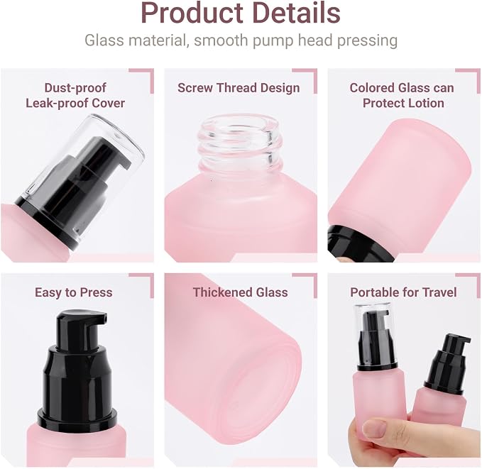 Segbeauty 1oz Frosted Empty Glass Lotion Bottles, 5pcs Small Pump Bottle Travel Size Pump Dispenser, 30ml Pink Reusable Cosmetic Containers for Cream, Refillable Glass Travel Bottle for Toiletries