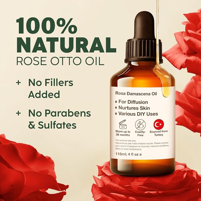 100% Pure Rose Otto Oil - 4 Fl Oz Rose Otto Essential Oil for Hair, Skin, Diffuser, Aromatherapy & DIY Soap Making Scent