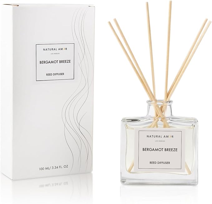 Natural Amor Bergamot Reed Diffuser Set, 3.38 fl oz Scented Diffuser with Sticks Home Fragrance Reed Diffuser for Bathroom Shelf Bedroom Living Room