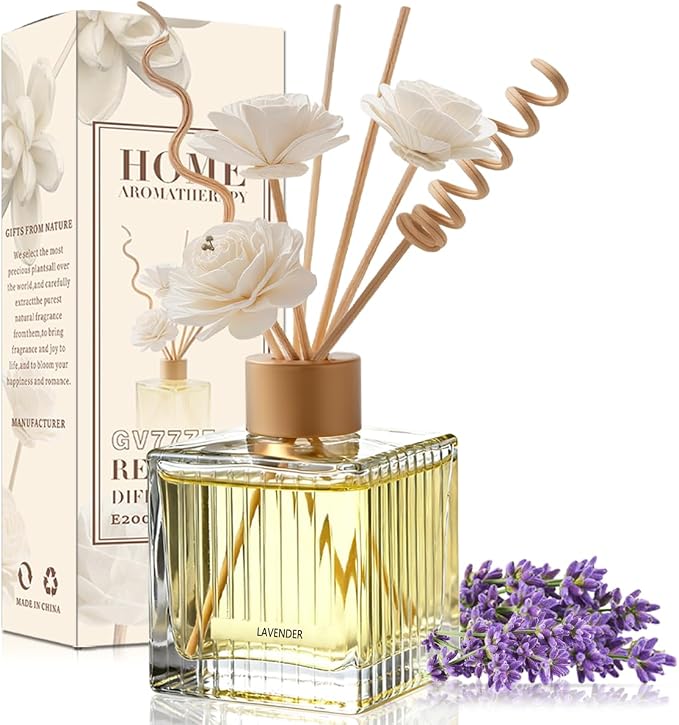 Lavender Reed Diffuser - 6.7 oz Glass Bottle with 4 Rattan Sticks, 3 Dried Flowers | Adjustable, Long-Lasting Scent for Home, Bedroom, Living Room, Office, Bathroom | Aromatherapy Gift