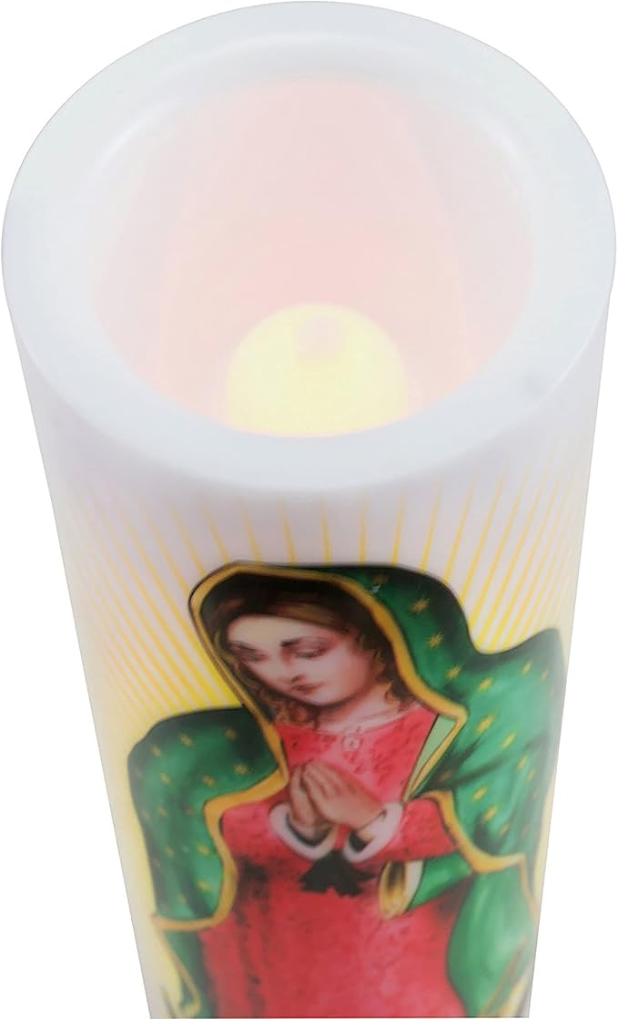 Virgin of Guadalupe Flameless LED Prayer Candle, Unique Religious Decoration, Gift Idea for Mothers Day, Birthday, or Any Holiday 8.2 Inches