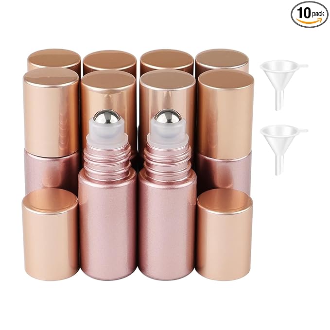 10Pcs 5ml Glass Roller Bottles for Essential Oils, 1/6 oz Refillable Roll on Vials with Funnels, Mini Containers with Stainless Steel Ball for Perfumes Aromatherapy Liquid, Matte Rose Gold