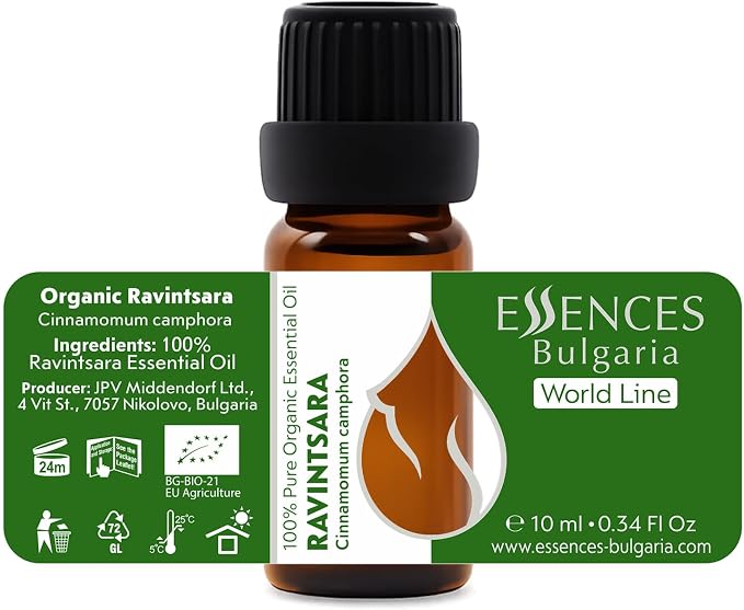 Essences Bulgaria Organic Ravintsara Essential Oil 0.34 Fl Oz | 10ml | Cinnamomum camphora | 100% Pure and Natural | Undiluted | Therapeutic Grade | Aromatherapy | Cosmetics | Cruelty Free | Non-GMO