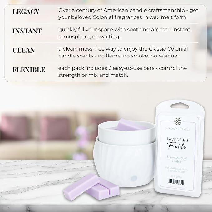 Colonial Candle Lavender Fields Scented Wax Melts, Wax Melt Warmer Cubes, Long Lasting Scented Wax Warmer Cubes, 4 Pack, 6 Cubes Each - Made in The USA
