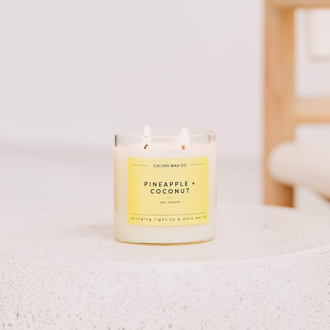 Calyan Wax Co. Pineapple & Coconut 2 Wick Scented Candle - 37 Hour Burn - Luxury Clean Soy Wax Candles - Long Lasting Large Glass Jar Candle for Home - 8.8oz