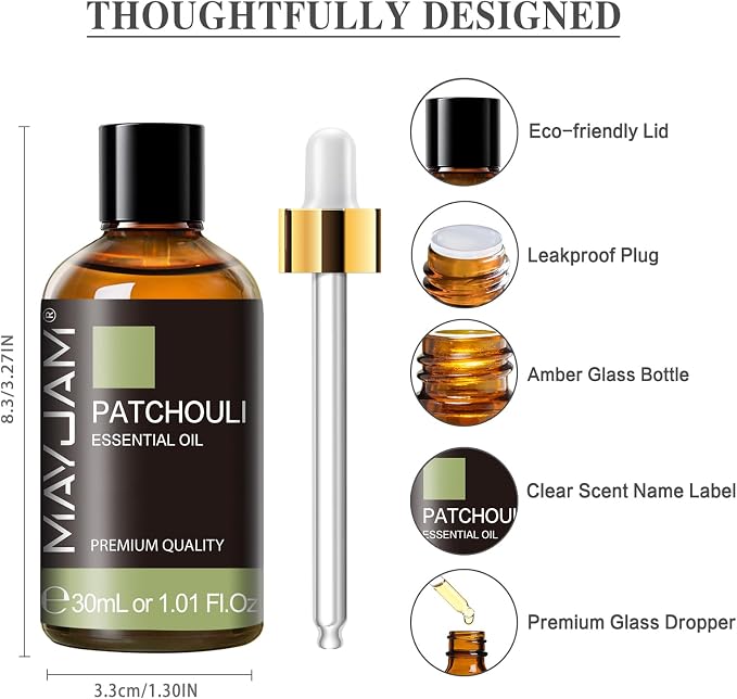 MAYJAM Patchouli Essential Oil, 1.01FL.OZ Essential Oils, Use with Diffuser, During Yoga, Massage, Bath, Patchouli Oil(30ml)