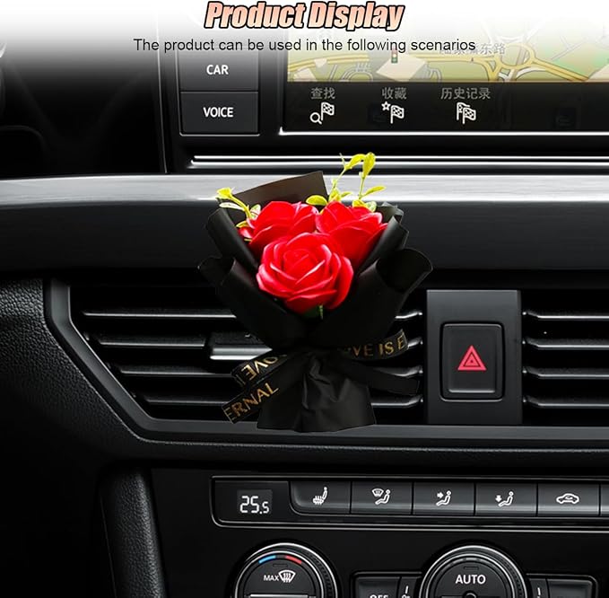 Mini Bouquet Car Air Outlet Vent Clip, Rose Car Dashboard Air Vent Trim Clips, Cute Flower Automotive Interior Diffuser Decoration Accessories for Women Present (Romantic Red)