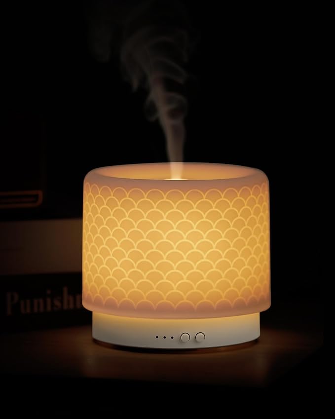 Essential Oil Diffuser - 280ml Ceramic Diffuser for Large Room & Commercial Use, 2.4MHz Aromatherapy Diffuser with Cool Mist Humidifier & Night Light, Ideal for Bedroom, Office, Yoga, Spa, Gifts