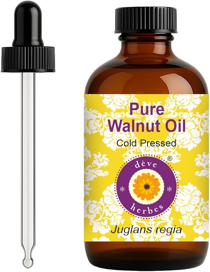 dève herbes Walnut Oil (Juglans regia) with Glass Dropper | Cold Pressed | Pure | Natural | For Diluting Essential oils | For Hair, Skin & Massage | Non-Sticky| Lightweight| Unisex | 120ml (4 oz)