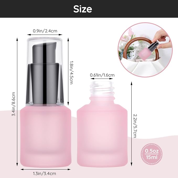 Segbeauty 0.5oz Frosted Glass Lotion Pump Bottles, 5pcs Refillable Empty Travel Size Bottles for Lotions, 15ml Pink Glass Small Travel Containers for Creams, Mini Hair Oil Bottle Pump Dispenser