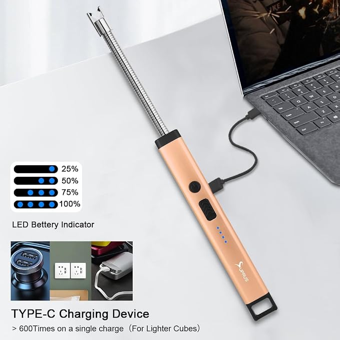 SUPRUS Rechargeable Candle Lighter Electric Arc Triple Safety Long Lighter Stainless Steel Shell & Hanging Hook (Peach Fuzz)