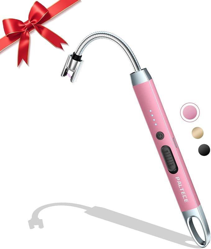 Electric Candle Lighter, USB-C Rechageable Flameless Lighters for Camping, Long Lighter with 360° Flexible Neck & Safety Switch, Windproof Lighters for BBQ, Gift for Mom, Wife (Rose Gold)