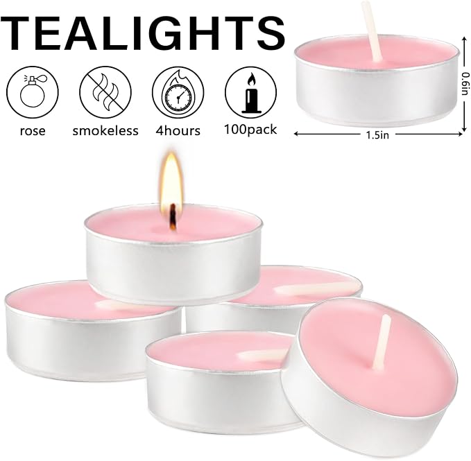 Pink Rose Scented Tealight Candles -Giant 100 Pack Votive Candles Bulk - Smokeless Tea Light Candle Gift Set for Valentine's Day,Holiday, Wedding and Home - 4 Hour