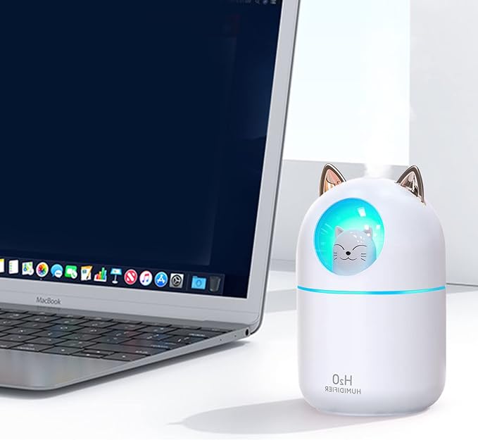 Cute Portable Cool Mist Humidifier with 7 Color Night Light and 6 Filter Cotton Sticks for Bedroom, Office, Desk, Car or Travel (White)