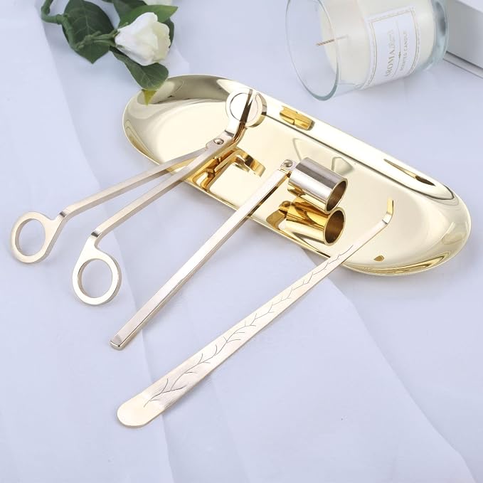 MUXSAM 4 in 1 Candle Accessory Set - Wick Trimmer, Dipper, Snuffer, Storage Tray Plate, Candle Care Tools Gift for Lovers of Home Decoration (Gold)