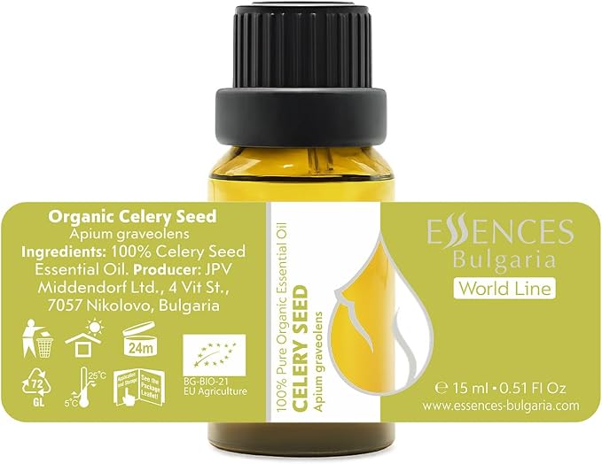 Essences Bulgaria Organic Celery Seed Essential Oil 0.51 Fl Oz | 15ml | Apium graveolens | 100% Pure | Natural | Undiluted | Therapeutic Grade | Aromatherapy | Cosmetics | Cruelty Free | Vegan