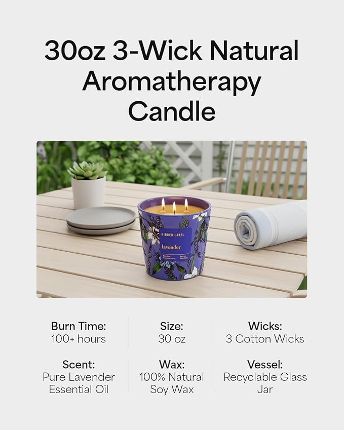 Hidden Label Extra Large Lavender Candle, 30oz 3-Wick Soy Wax, 100H Burn | Even Burn | 100H Long Lasting | Premium Lavender Aromatherapy | Stress Relief & Sleep | Non-Toxic Soy Wax