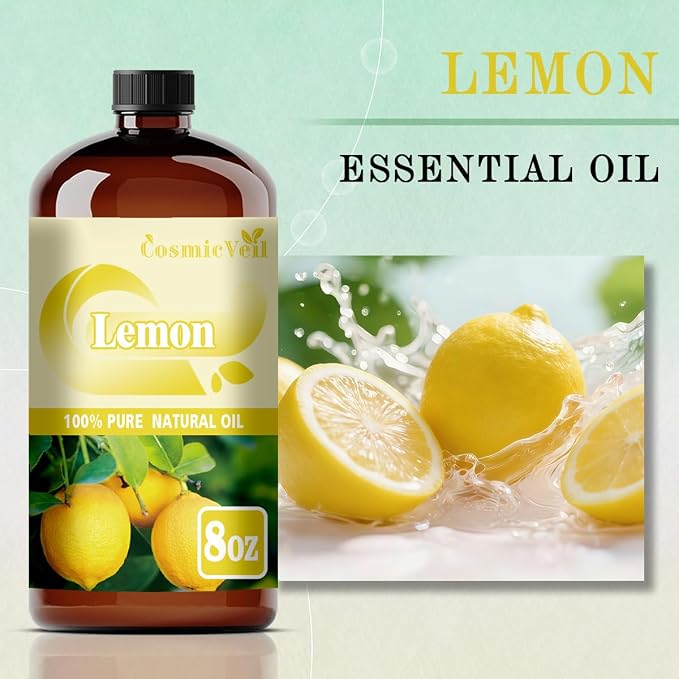Lemon Essential Oil Lemon Oil for Aroma Diffuser,Humidifier,Home Fragrance,Cleaning,Body Care,Massage,Yoga,DIY Candle,DIY Soap CosmicVeil（Lemon，8 Fl Oz (Pack of 1)）