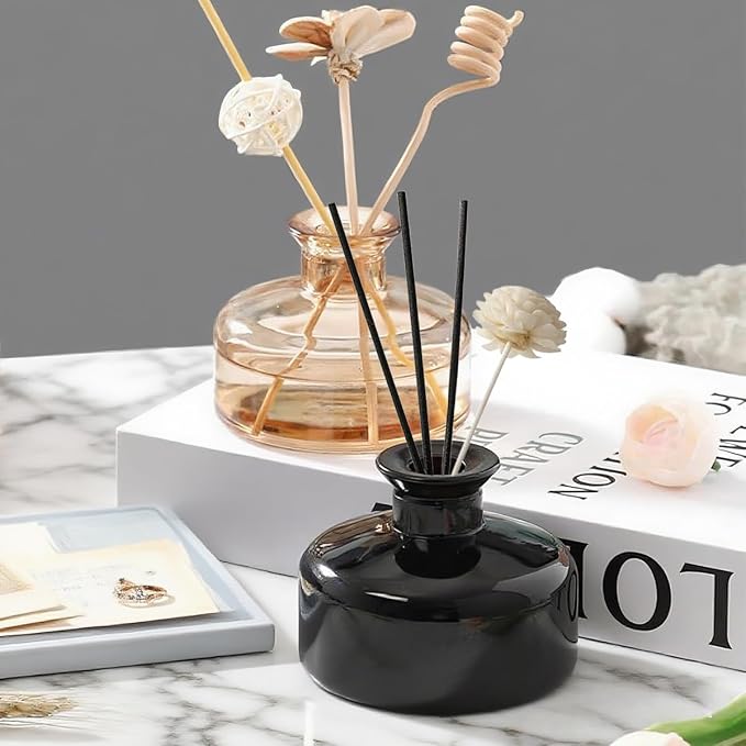 1Pcs 200ml/6.8oz Round Glass Diffuser Bottle Aromatherapy Bottle Essential Oils Container Decorative Diffuser Jars for Home Fragrance Accessories (Black)