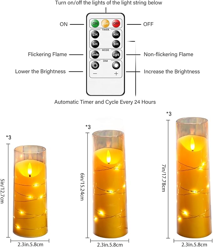Eebuss Flameless Candles with Embedded Star String, Battery Operated LED Pillar Candles with Timer and Remote Control,Home Decorating for Ambiance， Set of 9 (Gold)