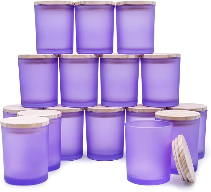 SHOWIN Thick Candle Jars for Making Candles 16 Pcs, 7 OZ Empty Jars with Wood Lids for Candle Making, Sample Container, Frosted Purple
