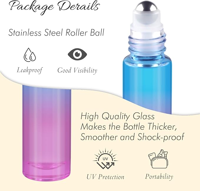 10ML Essential Oil Roller Bottles, 4 Pack Colorful Oil Roller Bottles for Essential Oils, Roll on Bottle with Stainless Steel Balls(4 Labels, Opener, Funnel, Dropper Included)