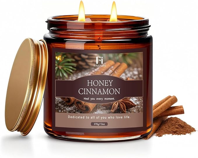 Honey Cinnamon Scented Candle, 13 oz Soy Wax Candle with Cotton Wick, 76-Hour Clean Burning, Non-Toxic Woodsy Scent for Relaxation & Focus, Aromatherapy Candle, Housewarming Gift