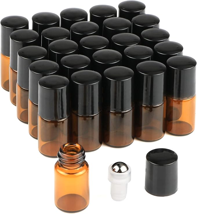 25 Pcs Essential Oil Glass Roller Bottles Mini Tiny Refillable Empty Aromatherapy Perfume Liquid Amber Glass Roll On Bottles Vials Metal Rollerball Bottles Jar (2ml)