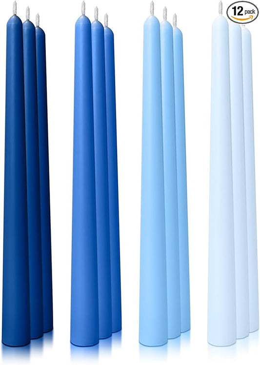 10" Classic Taper Candles, Blue Shades, 12-Pack, 7-8 Hours Long Burning, Unscented Tall Candlesticks